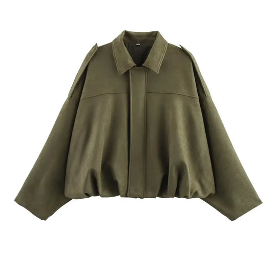 Élanor Suède Effect Vrouwelijke Oversized Bomberjack met Kraag en Schouderdetails