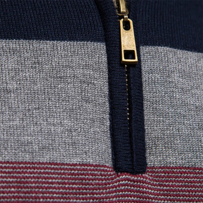 Monde Heren Trui met Kwart-Rits en Streeppatroon – Slim Fit – Katoenmix