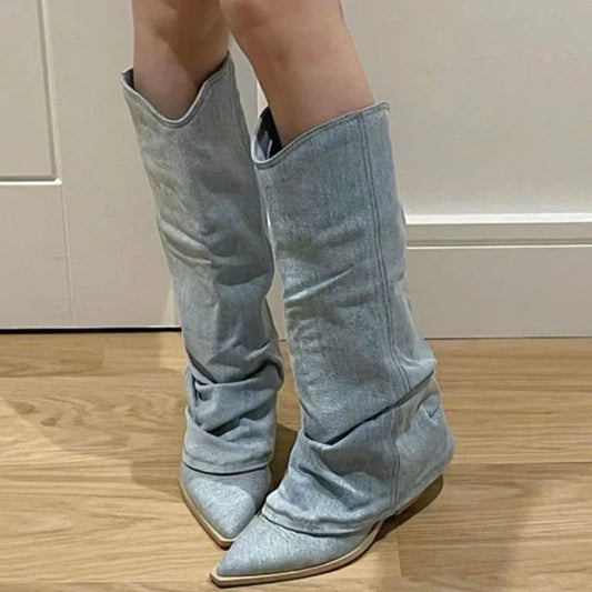 Monde Dames Knielaarzen van Denim met Isolerende Voering en Rubberen Zool – Blauw