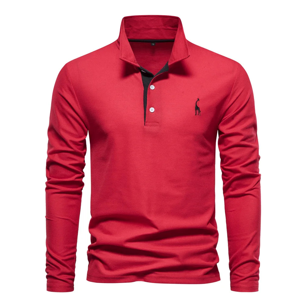 Élanor Heren Polo met Hert Borduursel – Effen Kleur, Lange Mouw, Zakelijk & Sociaal