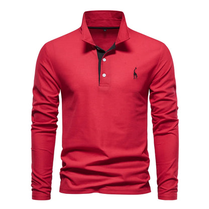 Élanor Heren Polo met Hert Borduursel – Effen Kleur, Lange Mouw, Zakelijk & Sociaal