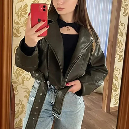 Élanor Oversized Dames PU Leren Korte Jas met Tailleriem – Retro Moto Biker Stijl