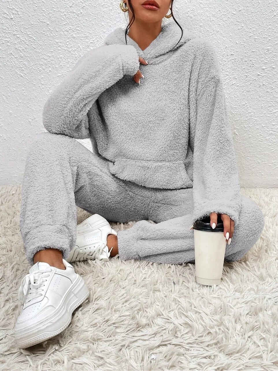 Veloria Teddy Huispak met Capuchon en Broek – Zachte Lounge Set voor Winter