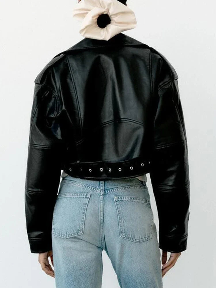 Élanor Oversized Dames PU Leren Korte Jas met Tailleriem – Retro Moto Biker Stijl
