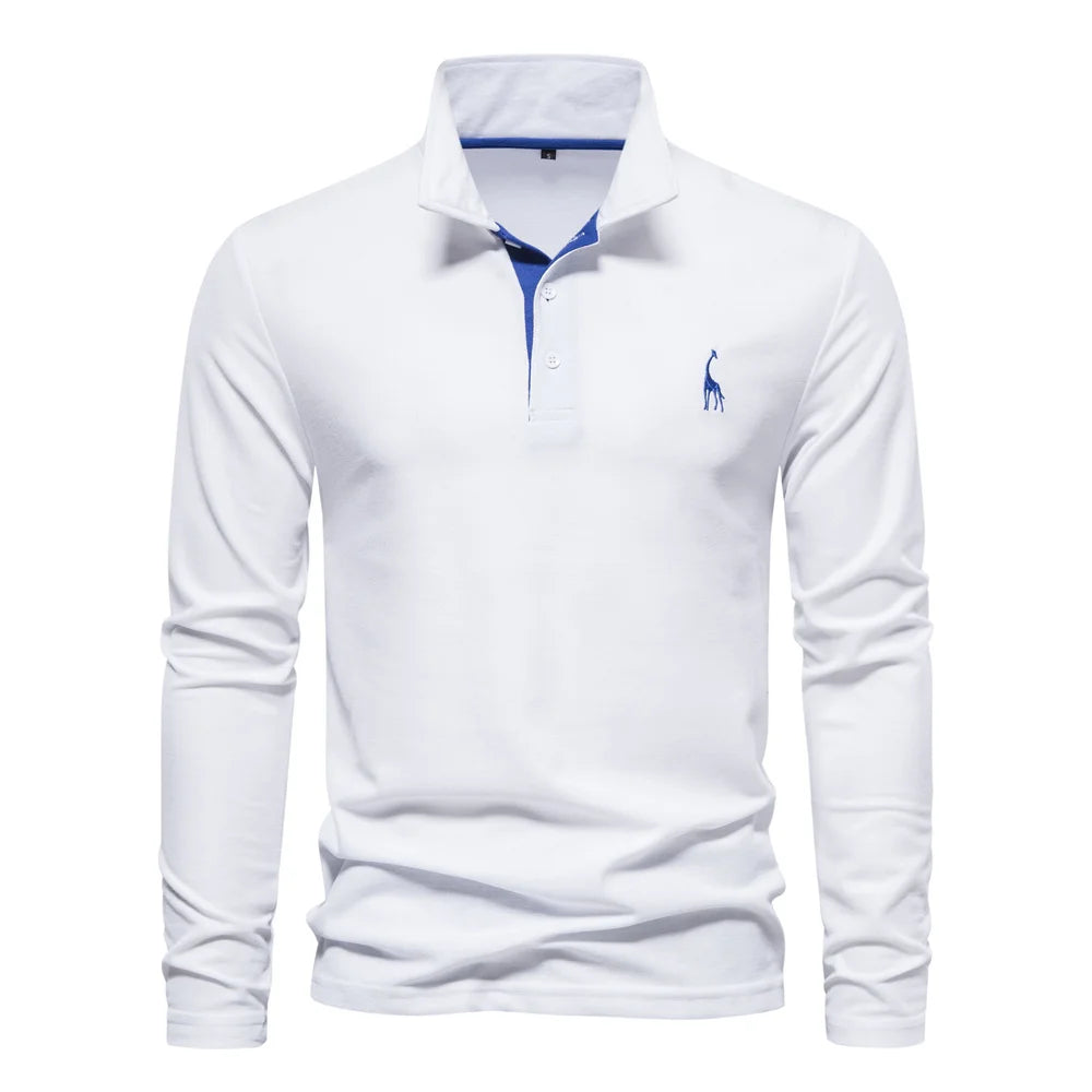 Élanor Heren Polo met Hert Borduursel – Effen Kleur, Lange Mouw, Zakelijk & Sociaal