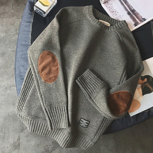 Évoque Heren Gebreide Pullover – Oversized Trui met Patchdetails en Ronde Hals
