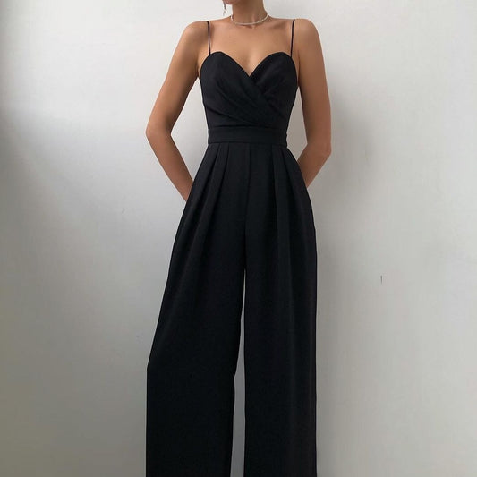 Monde Dames Jumpsuit – Zomer Jumpsuit met Spaghettibandjes – Slim Fit – Zwart – Mouwloos – Stretchmateriaal
