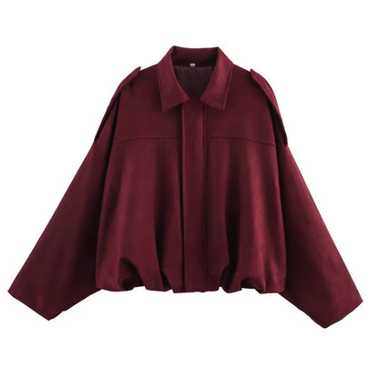 Élanor Suède Effect Vrouwelijke Oversized Bomberjack met Kraag en Schouderdetails