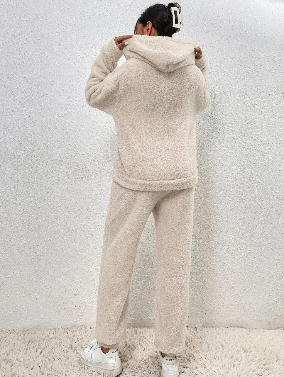 Veloria Teddy Huispak met Capuchon en Broek – Zachte Lounge Set voor Winter