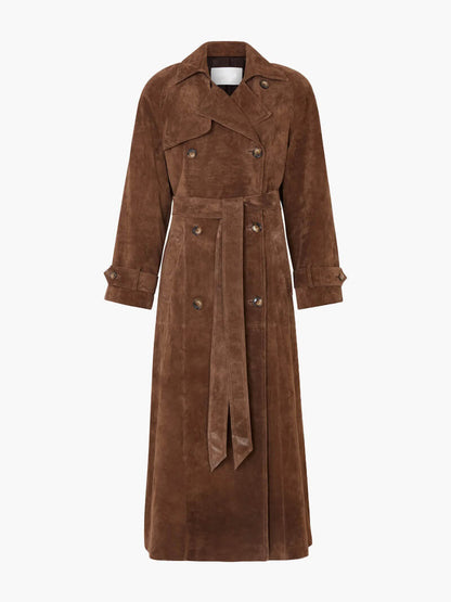 Évoque Lange Trenchcoat van Suèdine voor Dames – Met Tailleceintuur en Klassieke Reverskraag