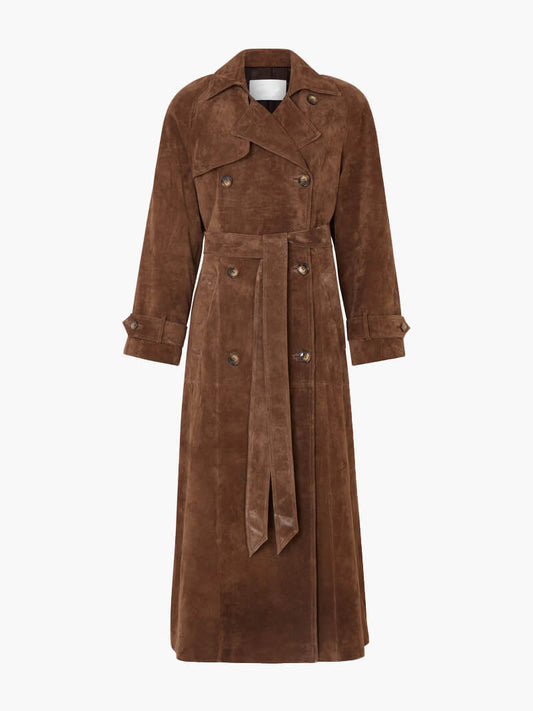 Évoque Lange Trenchcoat van Suèdine voor Dames – Met Tailleceintuur en Klassieke Reverskraag