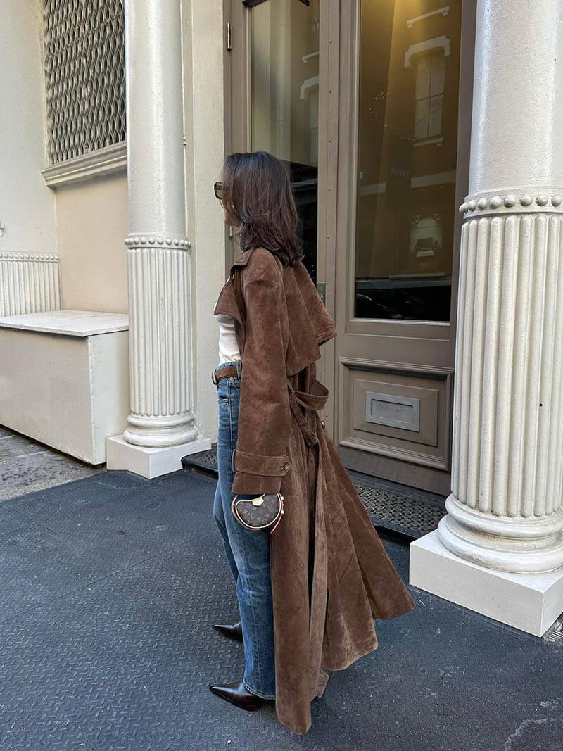 Évoque Lange Trenchcoat van Suèdine voor Dames – Met Tailleceintuur en Klassieke Reverskraag