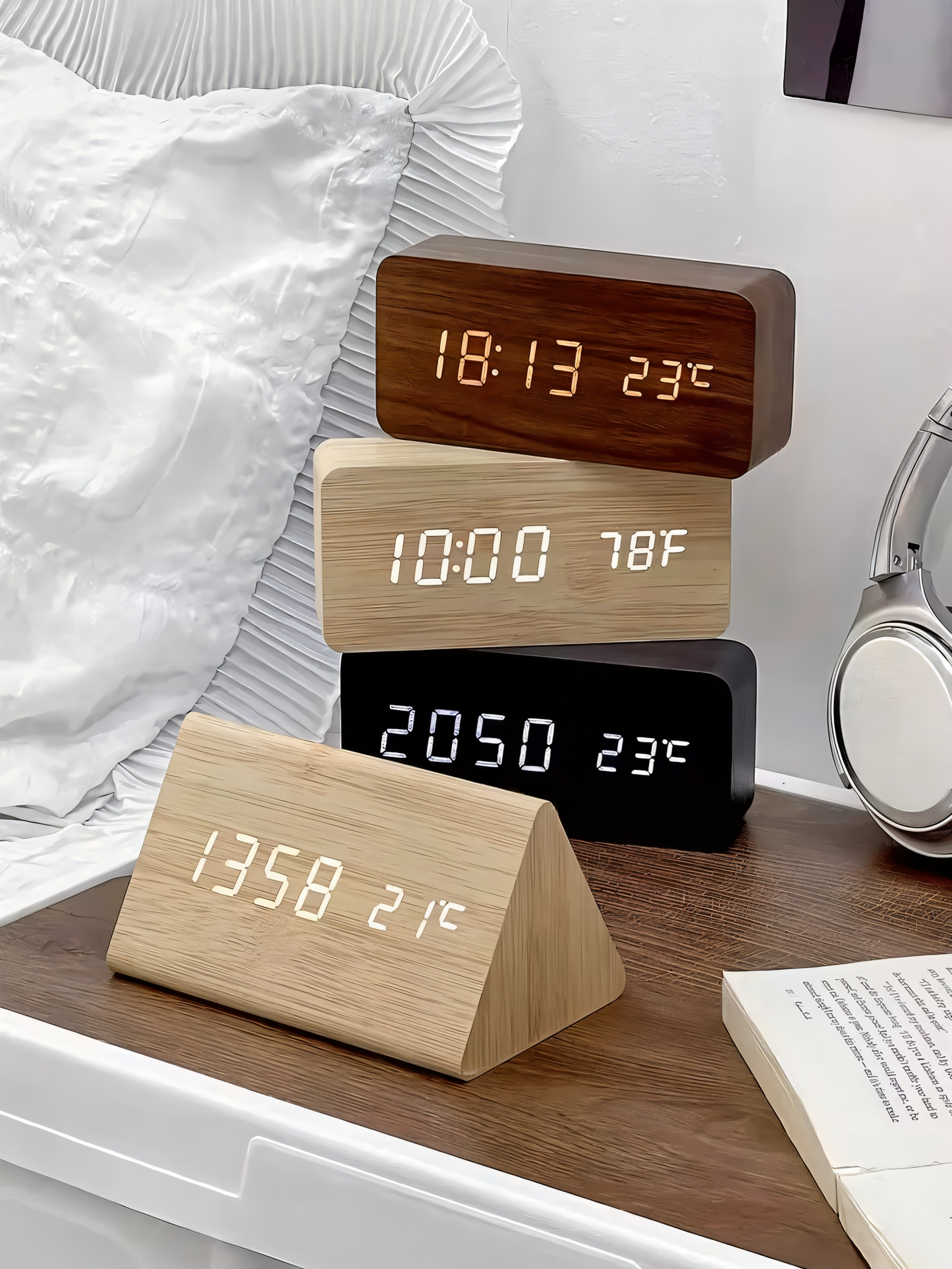 Monde Houten digitale wekker met LED-display, temperatuur- en luchtvochtigheidsmeter
