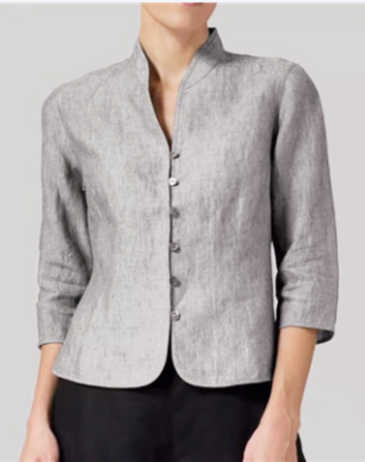 Évoque – Elegante damesblouse met staande kraag en chambray-look