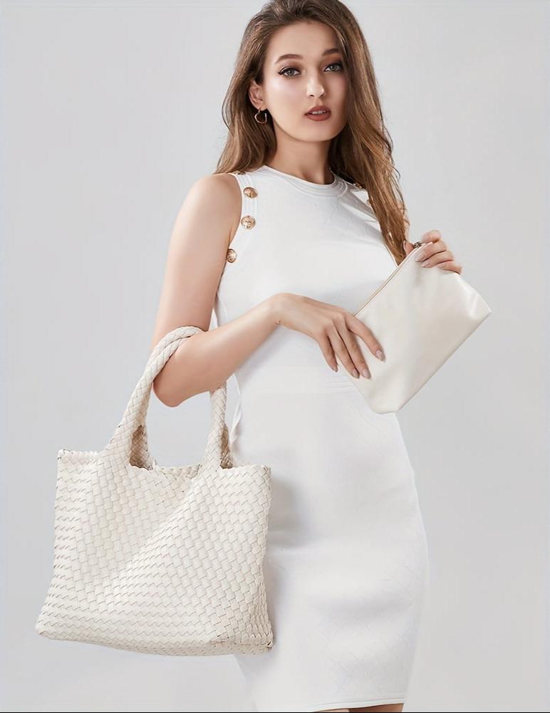 Élanor Gevlochten Luxe Tote van Vegan Leer – Ruime Dames Handtas met Woven Design