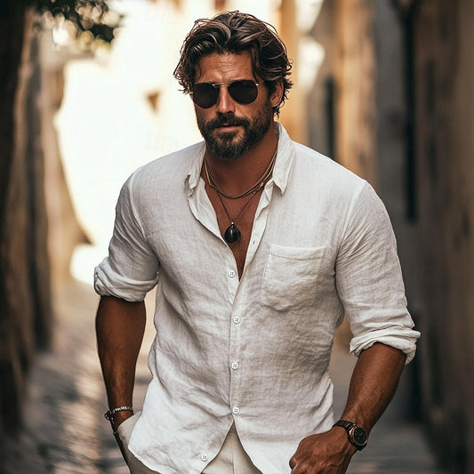 Monde herenoverhemd van linnen – kortemouw – ademend zomershirt – casual fit – naturel