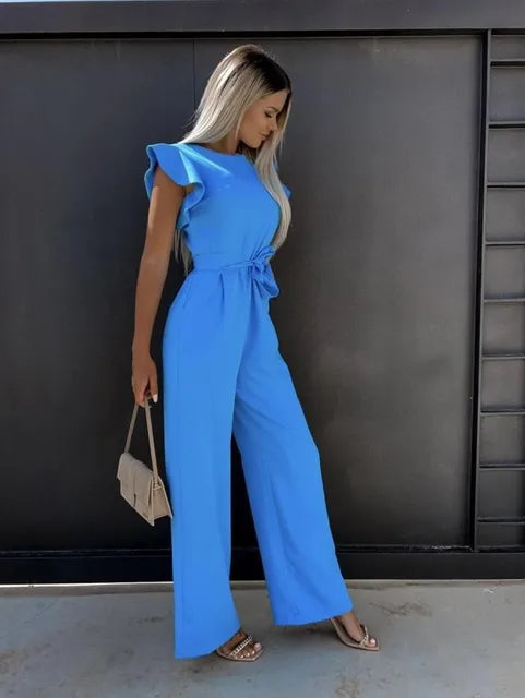 Évoque | Jumpsuit met ruches mouwen en ceintuur