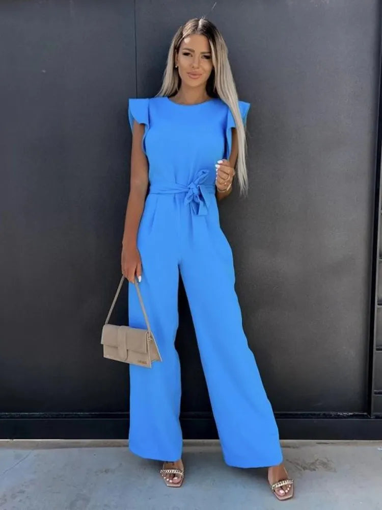 Évoque | Jumpsuit met ruches mouwen en ceintuur