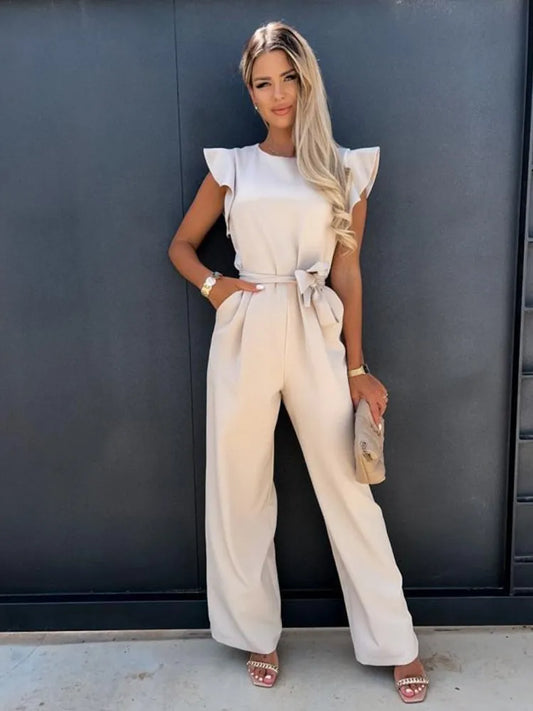 Évoque | Jumpsuit met ruches mouwen en ceintuur