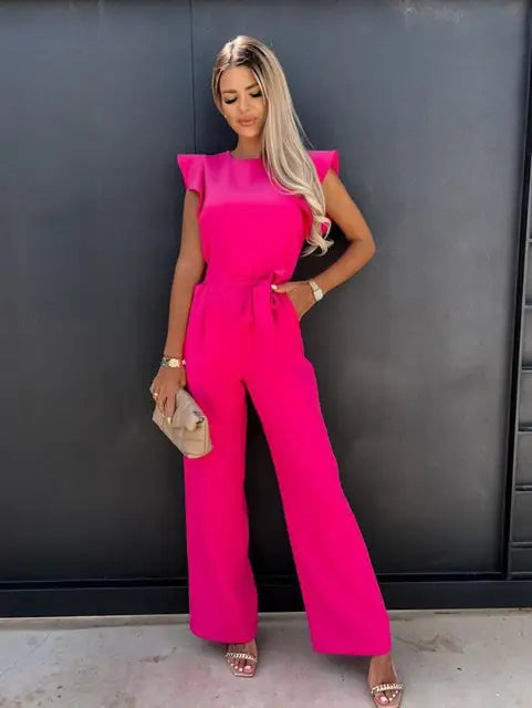 Évoque | Jumpsuit met ruches mouwen en ceintuur