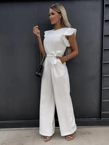 Évoque | Jumpsuit met ruches mouwen en ceintuur
