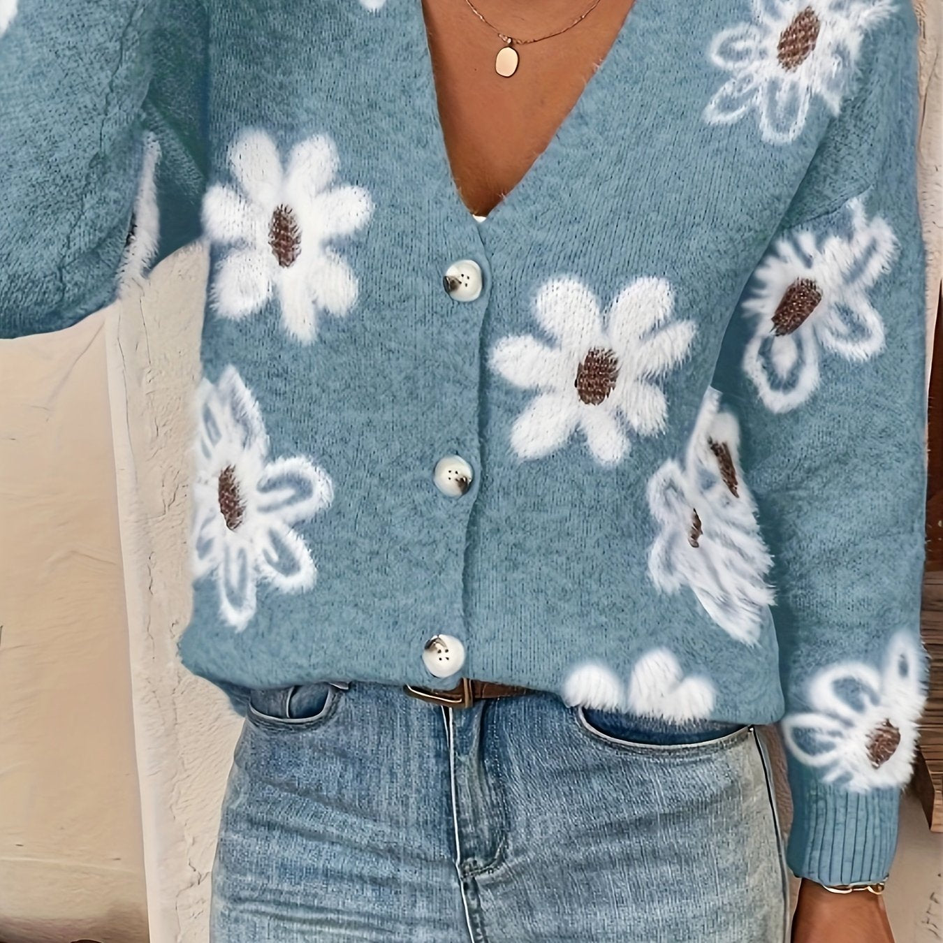 Veloria | Cardigan Trui met Bloemenpatroon en Knopen