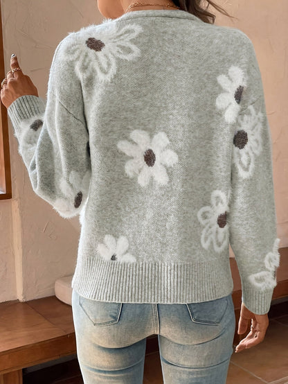 Veloria | Cardigan Trui met Bloemenpatroon en Knopen