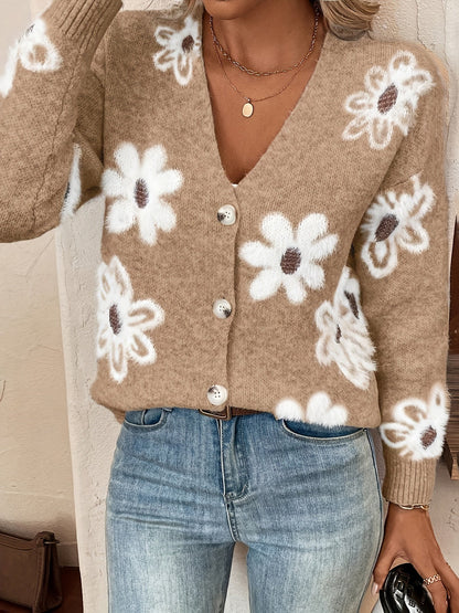 Veloria | Cardigan Trui met Bloemenpatroon en Knopen