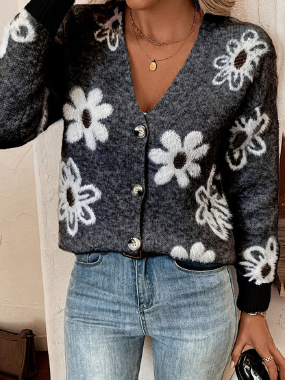 Veloria | Cardigan Trui met Bloemenpatroon en Knopen