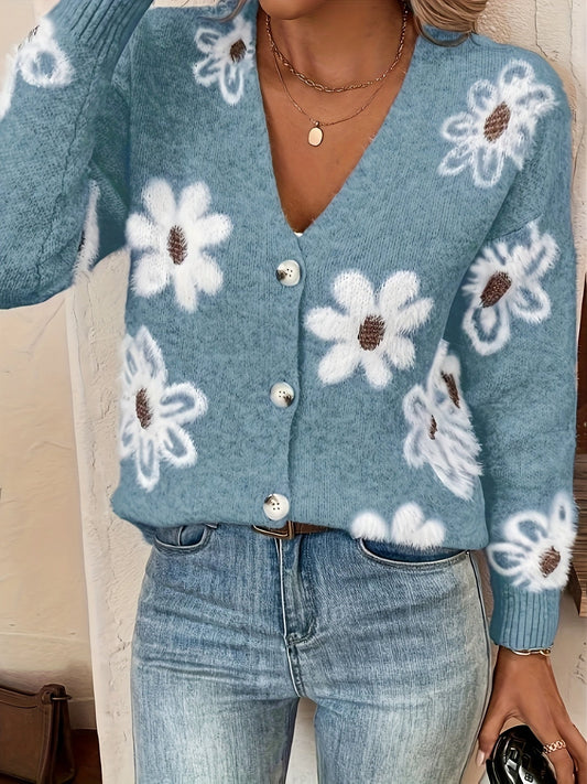 Veloria | Cardigan Trui met Bloemenpatroon en Knopen