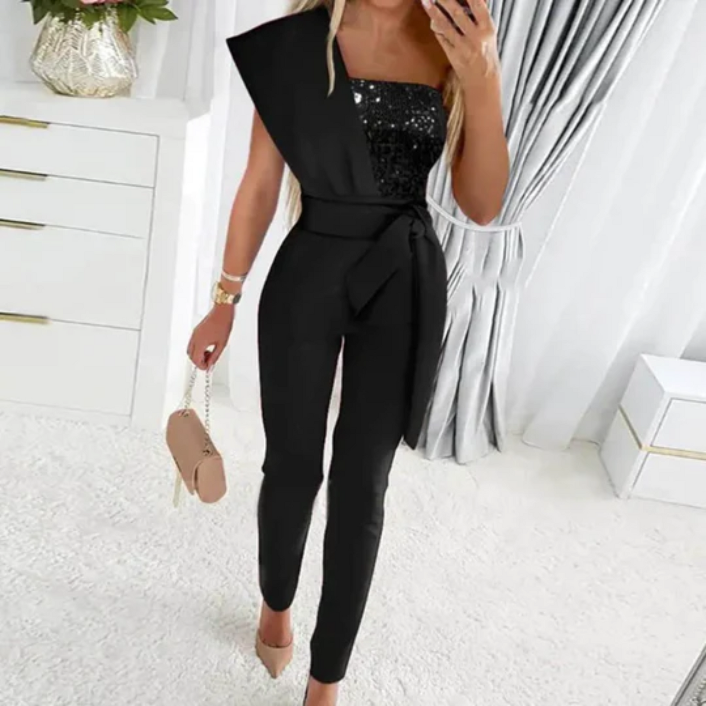 Élanor | Elegante one-shoulder jumpsuit met pailletten