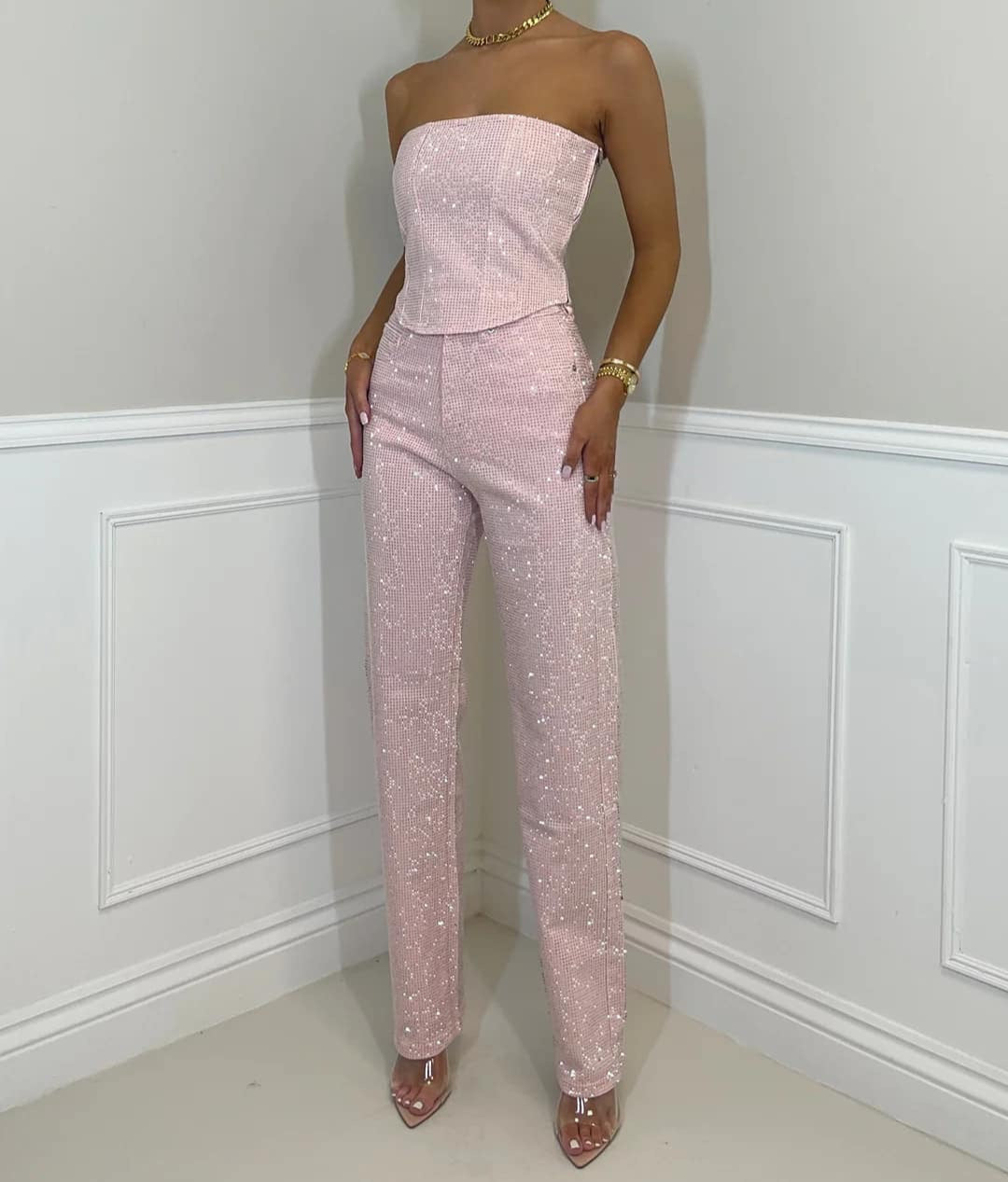 Veloria Glanzende Dames Set met Glittertop en High-Waist Jeans – Elegante Tweedelige Outfit