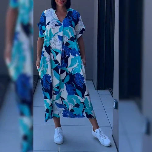Monde Kaftan Jurk met Tropische Print en V-hals – Korte Mouwen – Midi Lengte