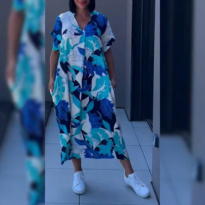 Monde Kaftan Jurk met Tropische Print en V-hals – Korte Mouwen – Midi Lengte