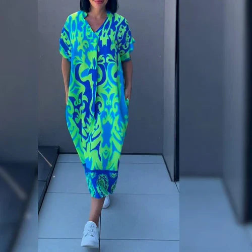 Monde Kaftan Jurk met Tropische Print en V-hals – Korte Mouwen – Midi Lengte