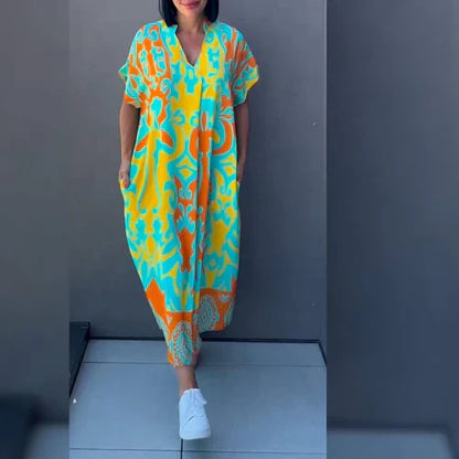 Monde Kaftan Jurk met Tropische Print en V-hals – Korte Mouwen – Midi Lengte