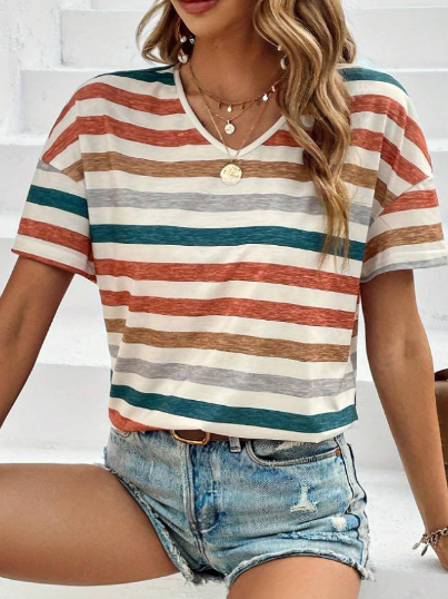 Élanor | Gestreept T-shirt van katoenmix met korte mouwen