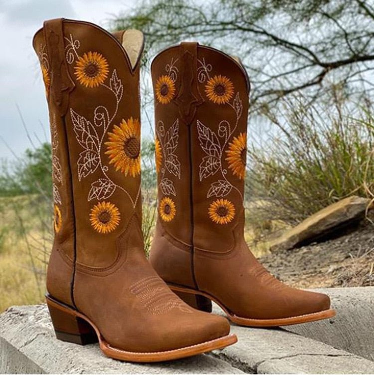 Veloria Boheemse Laarzen met Zonnebloemmotief – Ibiza Stijl