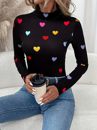 Élanor | Chique T-shirt met hartjesprint, lange mouw en hoge hals
