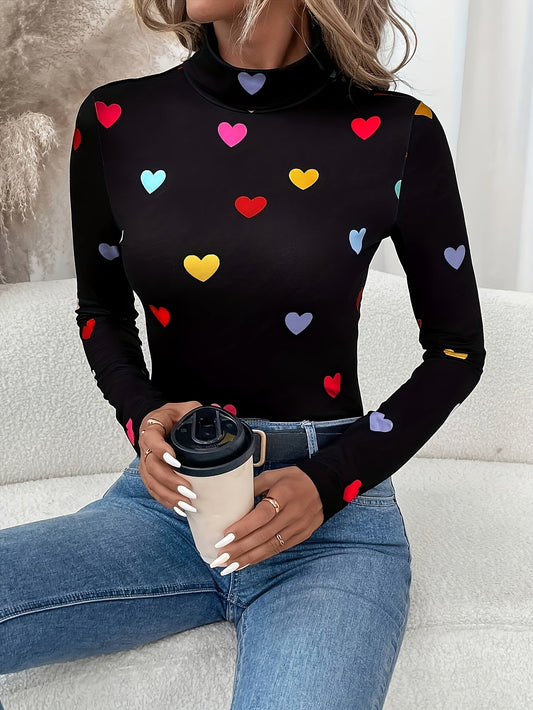 Élanor | Chique T-shirt met hartjesprint, lange mouw en hoge hals