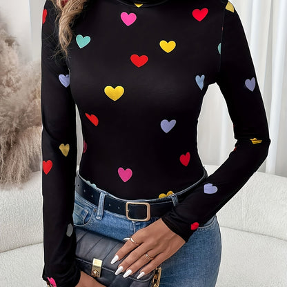 Élanor | Chique T-shirt met hartjesprint, lange mouw en hoge hals