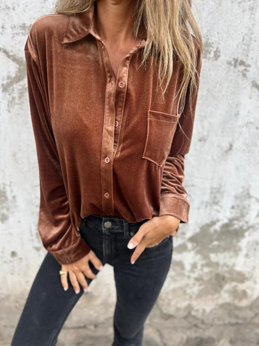 Monde Damesblouse – Fluweel, Knoopsluiting, Lange Mouwen, Donkergroen