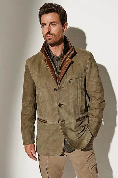 Évoque | Vintage herenjas van suède met leren details