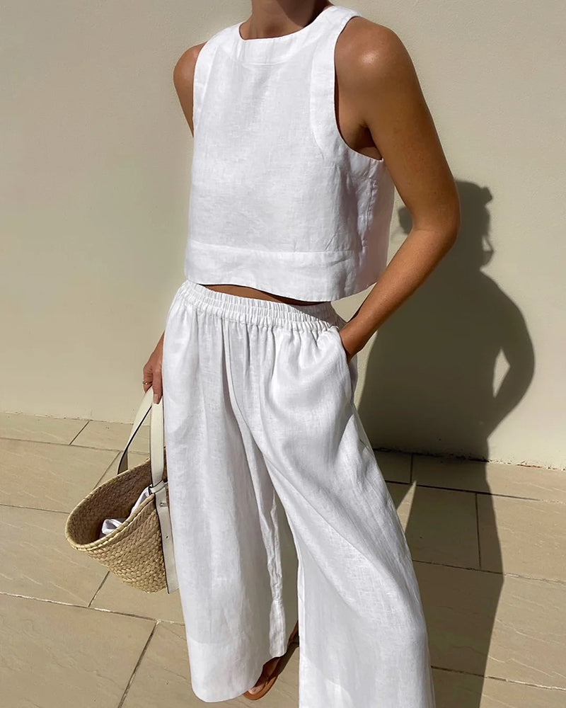Évoque | Tweedelige dames set met mouwloze crop top en wijde broek