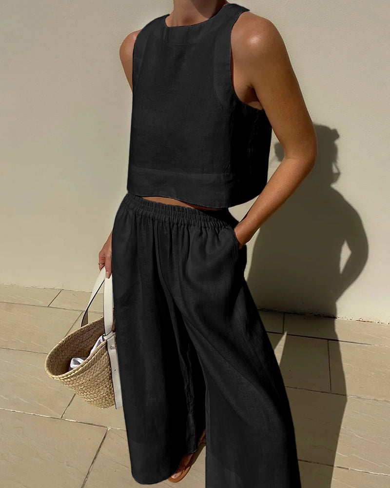 Évoque | Tweedelige dames set met mouwloze crop top en wijde broek