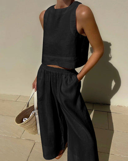 Évoque | Tweedelige dames set met mouwloze crop top en wijde broek
