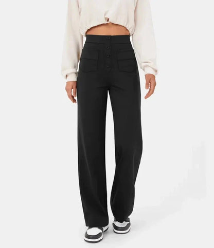 Évoque | High-waisted elastische casual broek met knoopdetails en zakken