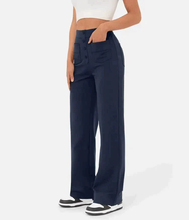 Évoque | High-waisted elastische casual broek met knoopdetails en zakken
