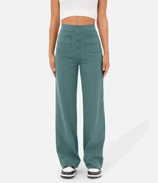 Évoque | High-waisted elastische casual broek met knoopdetails en zakken