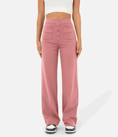 Évoque | High-waisted elastische casual broek met knoopdetails en zakken